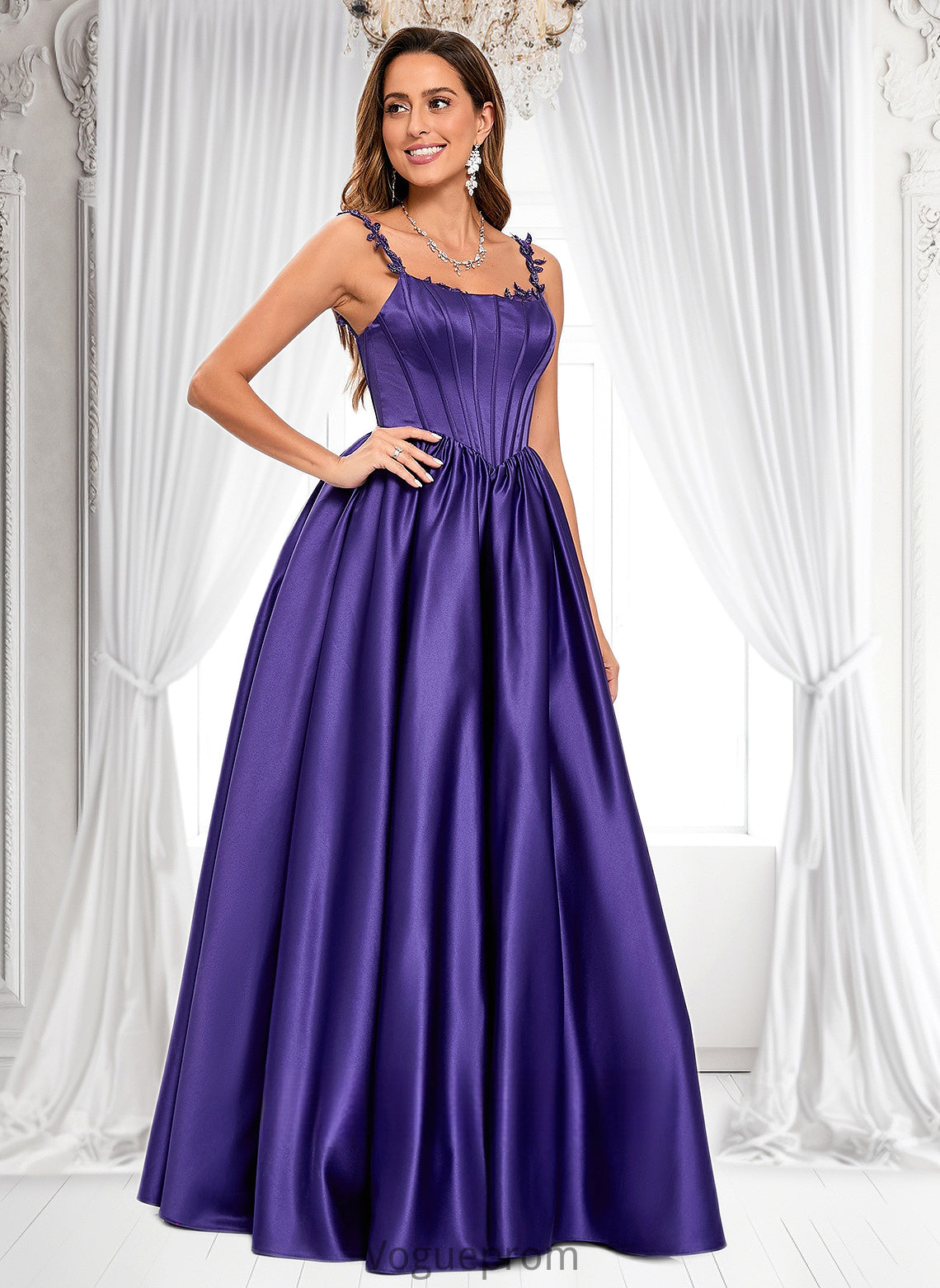 Sandy Ball-Gown/Princess Scoop Floor-Length Satin Prom Dresses With Appliques Lace Beading DKP0025865