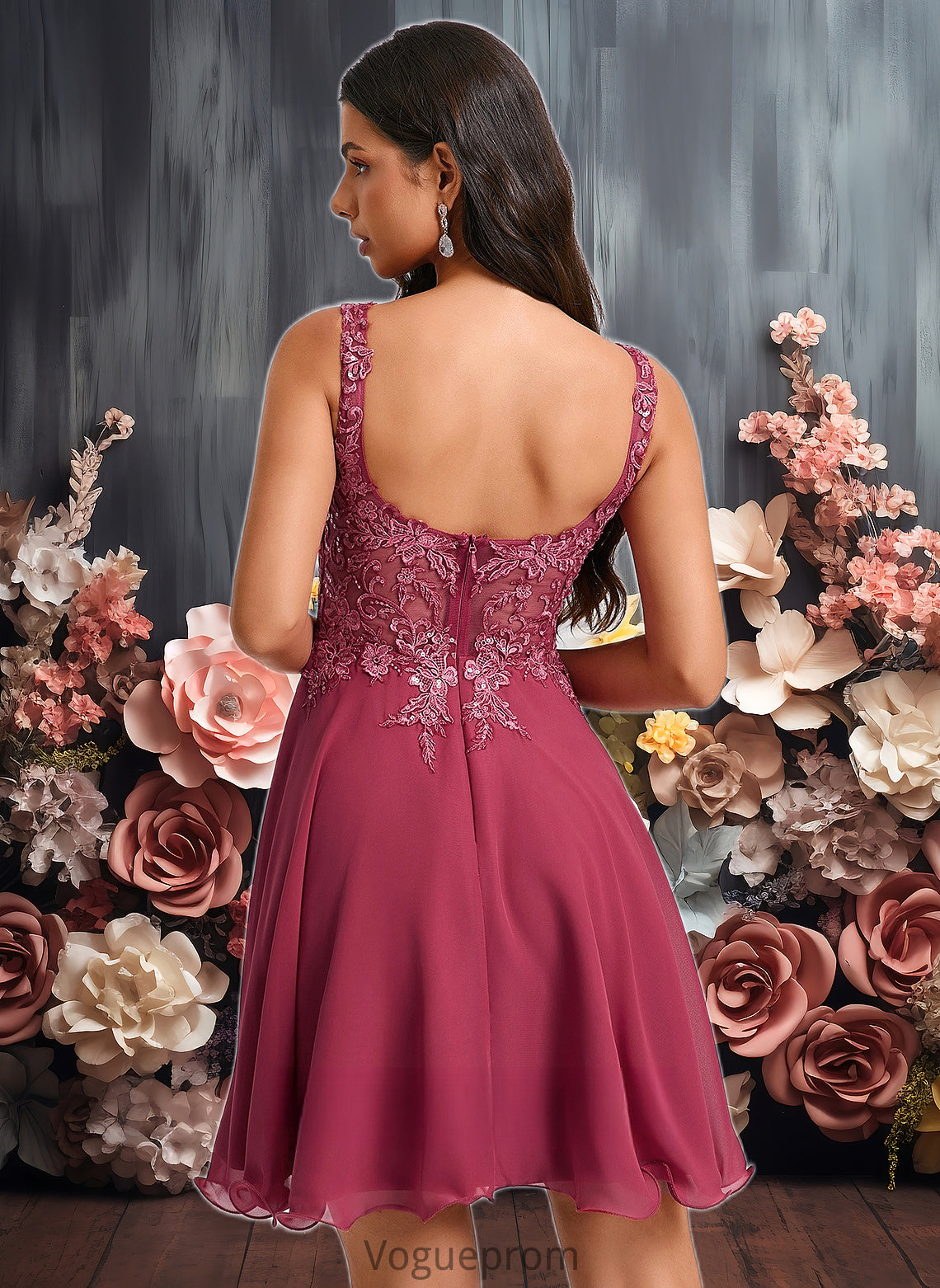 Rita A-line Scoop Short Chiffon Homecoming Dress With Sequins Appliques Lace DKP0025681