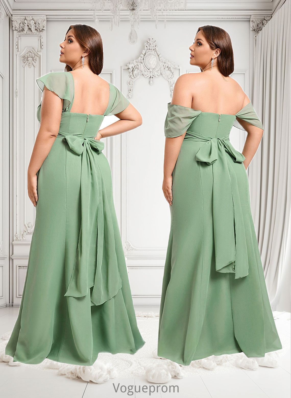 Dayami Trumpet/Mermaid Off the Shoulder V-Neck Floor-Length Chiffon Bridesmaid Dress DKP0025810