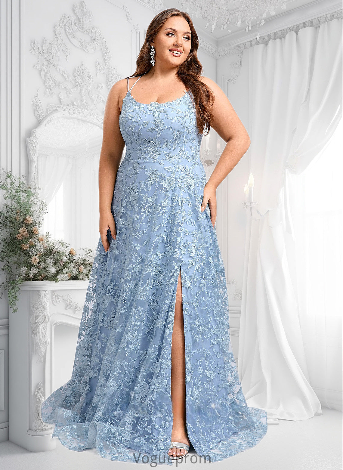 Shiloh A-line Scoop Floor-Length Lace Floral Prom Dresses DKP0025847