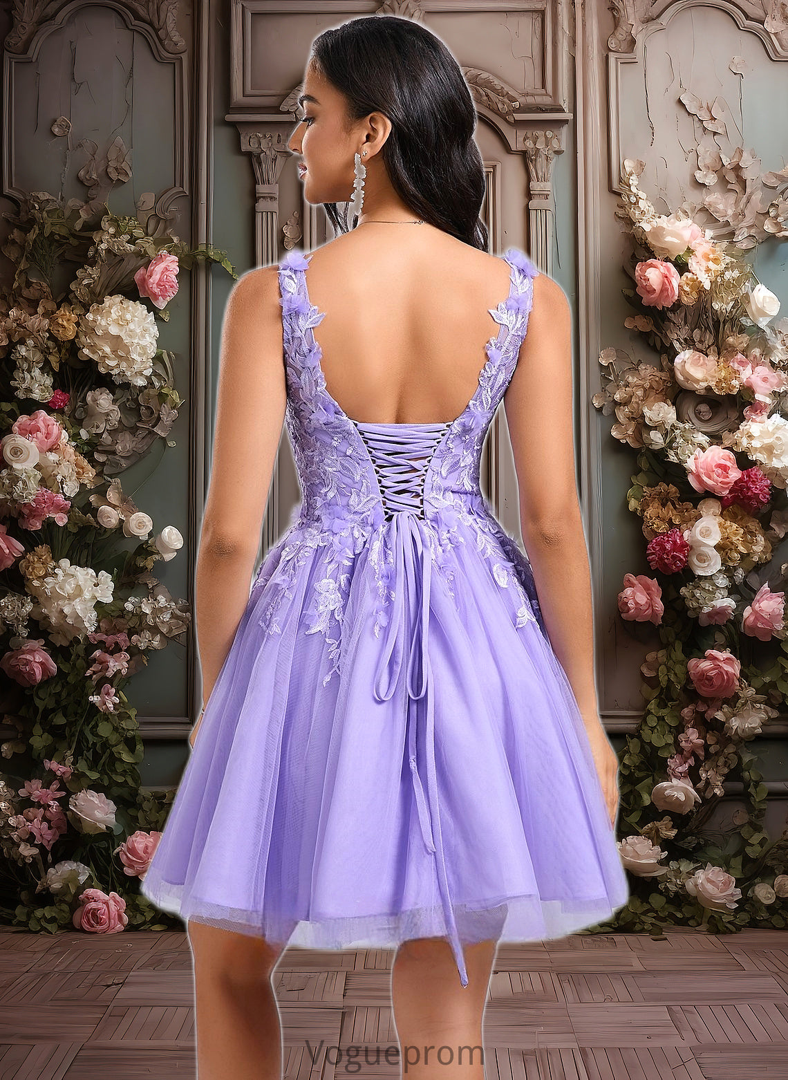 Annabelle Ball-Gown/Princess V-Neck Short Lace Tulle Homecoming Dress With Flower DKP0025656