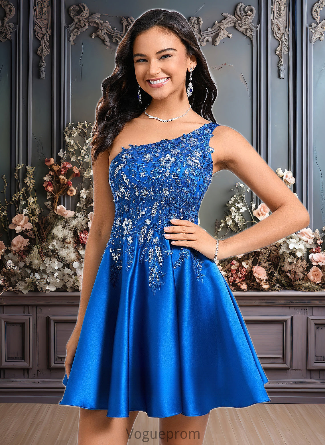 Addisyn A-line One Shoulder Short Satin Homecoming Dress With Appliques Lace Sequins DKP0025657