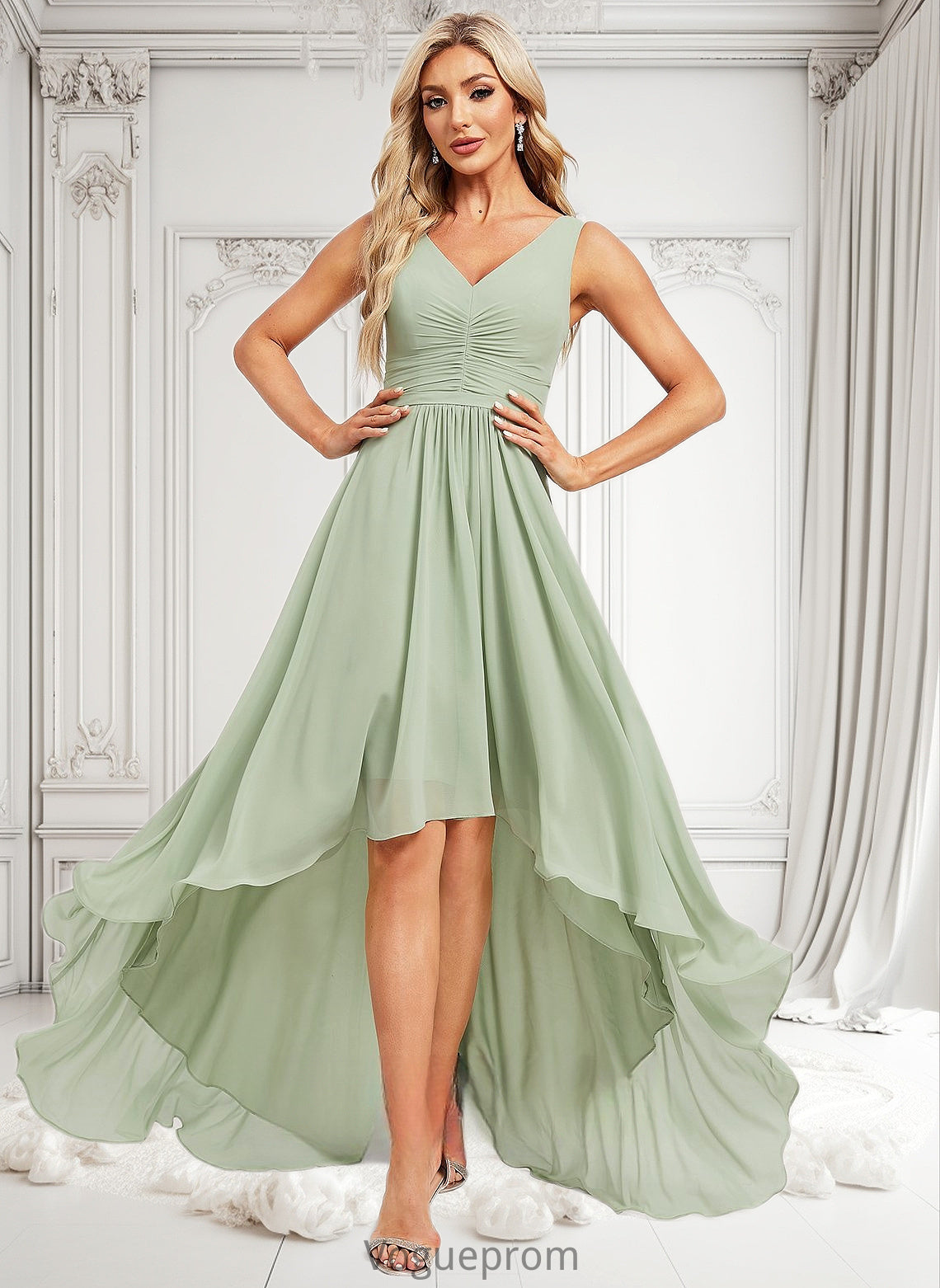 Brielle A-line V-Neck Asymmetrical Chiffon Bridesmaid Dress DKP0025809