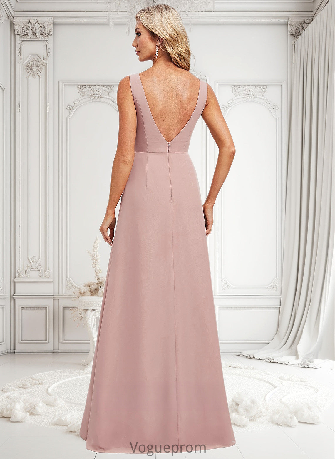 Desirae A-line V-Neck Floor-Length Chiffon Bridesmaid Dress DKP0025820