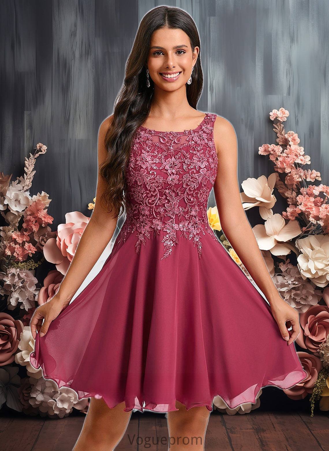 Rita A-line Scoop Short Chiffon Homecoming Dress With Sequins Appliques Lace DKP0025681