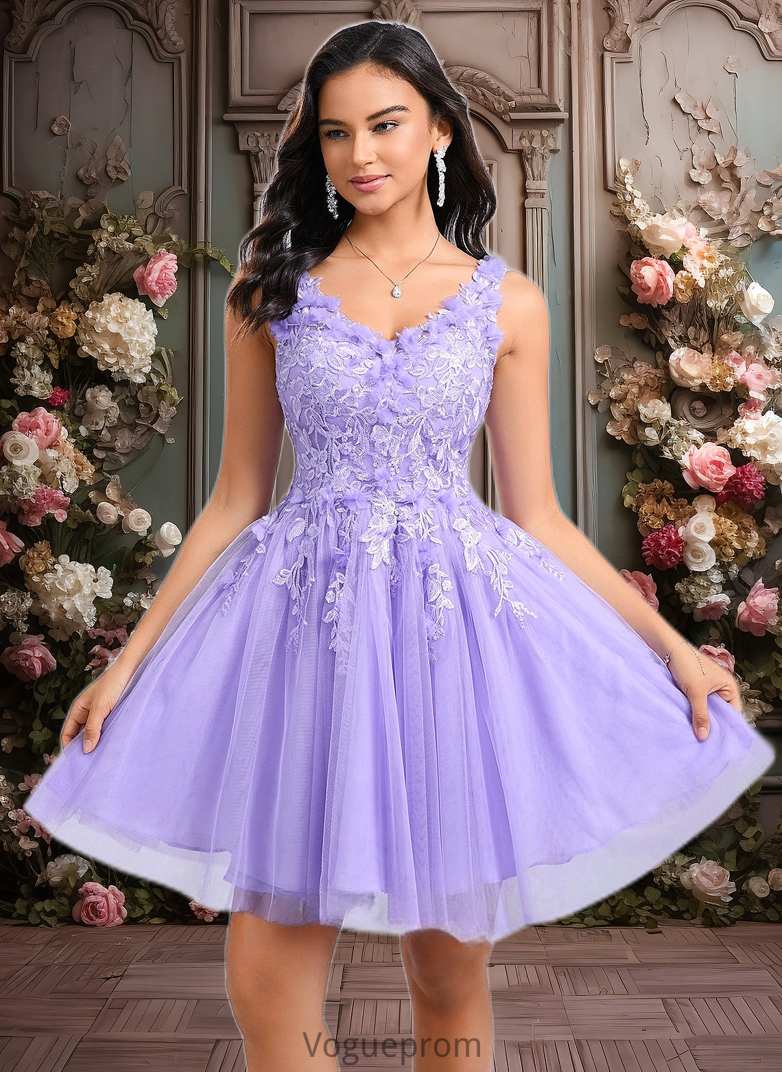 Annabelle Ball-Gown/Princess V-Neck Short Lace Tulle Homecoming Dress With Flower DKP0025656