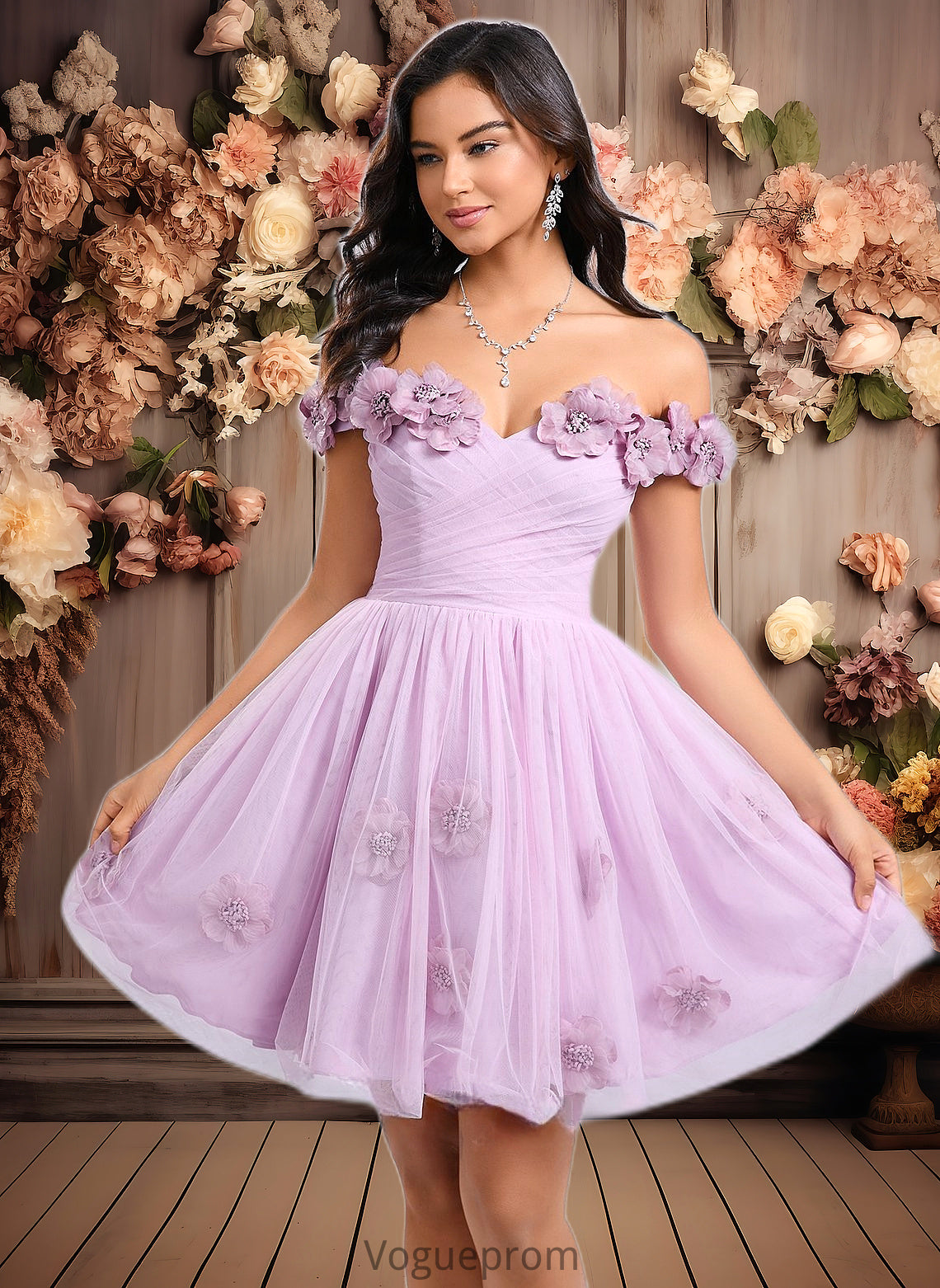 Penelope Ball-Gown/Princess Off the Shoulder Short Tulle Homecoming Dress With Pleated Flower DKP0025668