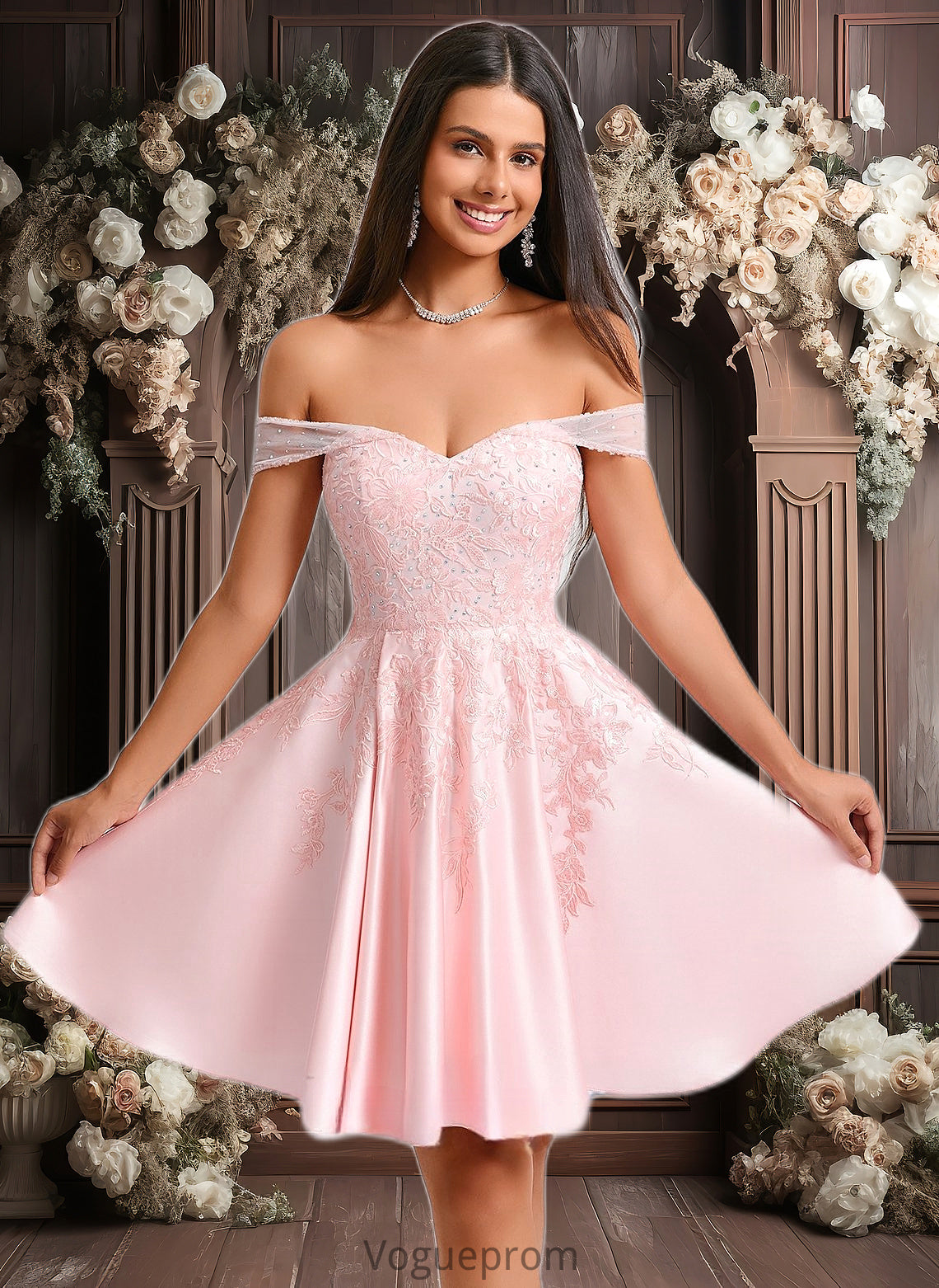 Avery A-line Off the Shoulder Short Satin Homecoming Dress With Rhinestone Beading Appliques Lace DKP0025679