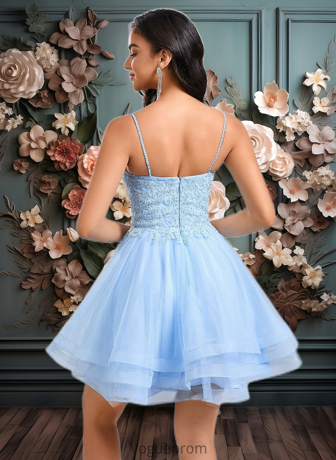 Tiffany A-line V-Neck Short Lace Tulle Homecoming Dress With Rhinestone Sequins DKP0025658