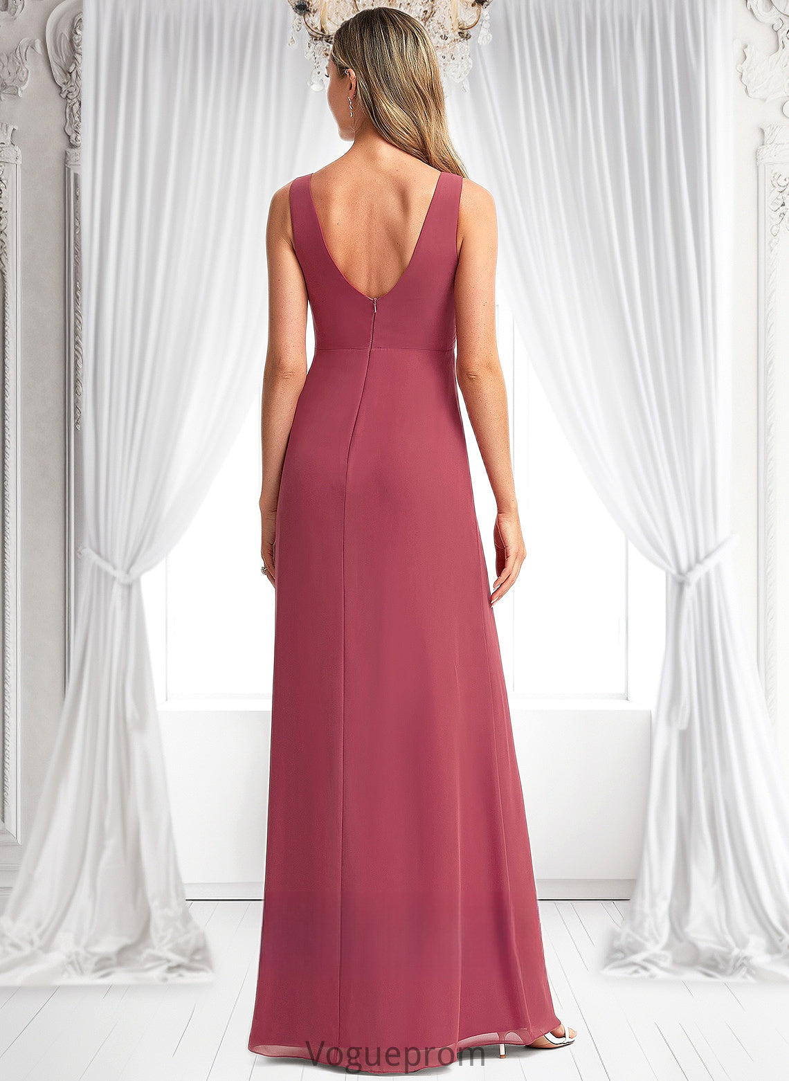 Esme A-line V-Neck Floor-Length Chiffon Bridesmaid Dress DKP0025753