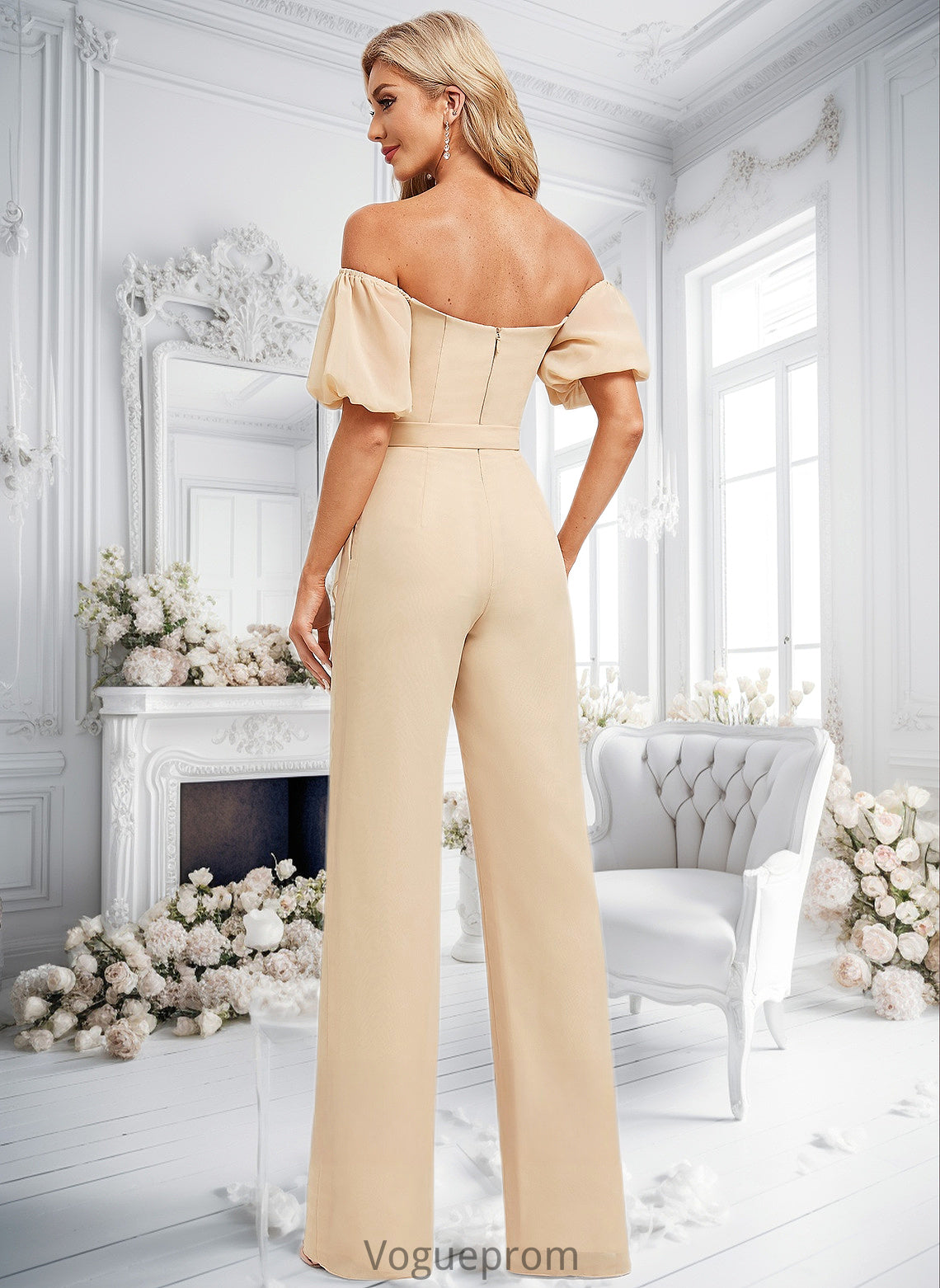 Haylee Jumpsuit/Pantsuit Off the Shoulder Square Floor-Length Chiffon Bridesmaid Dress DKP0025791