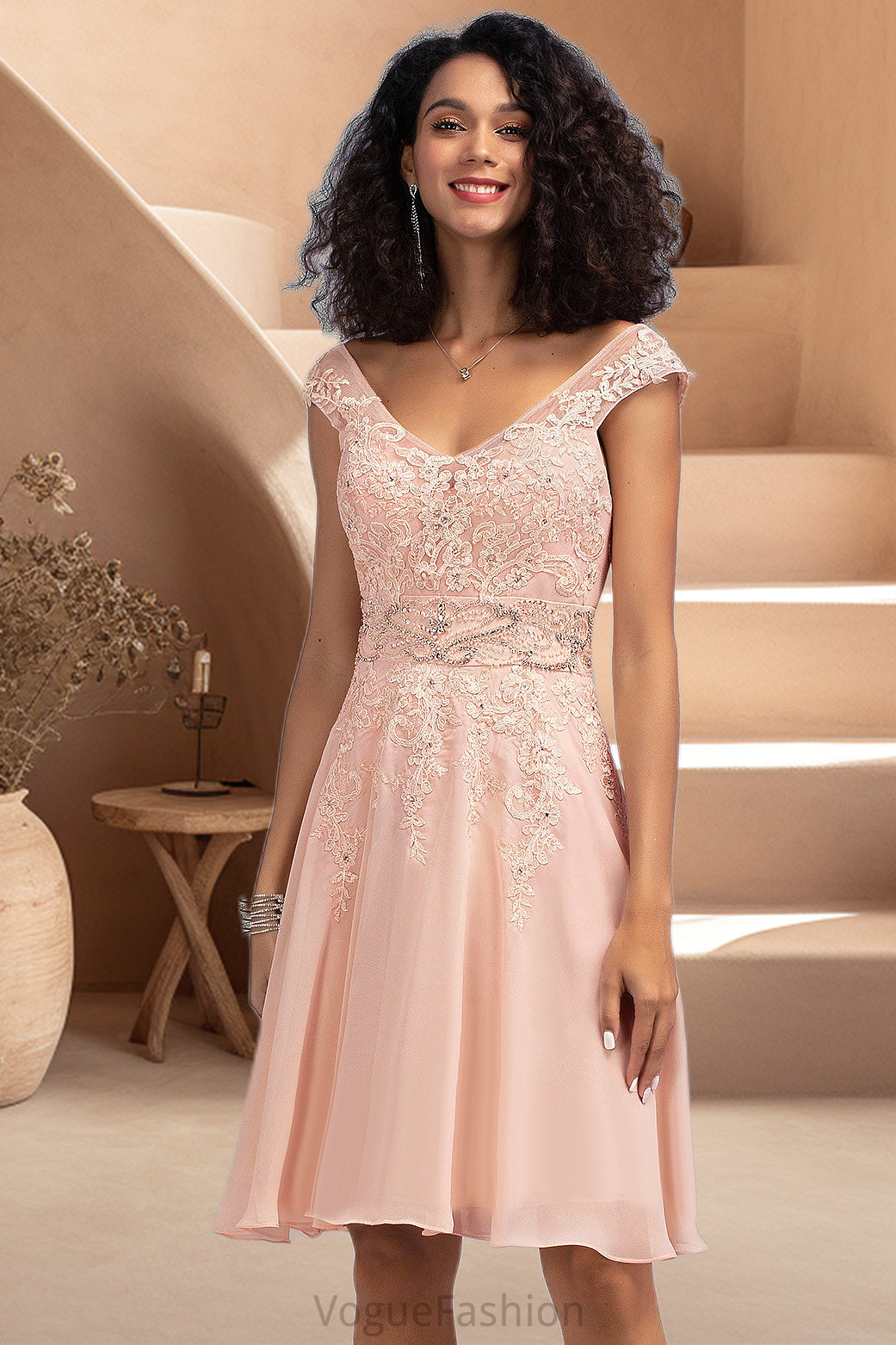 Michaela A-line V-Neck Knee-Length Chiffon Lace Homecoming Dress With Beading DKP0020565