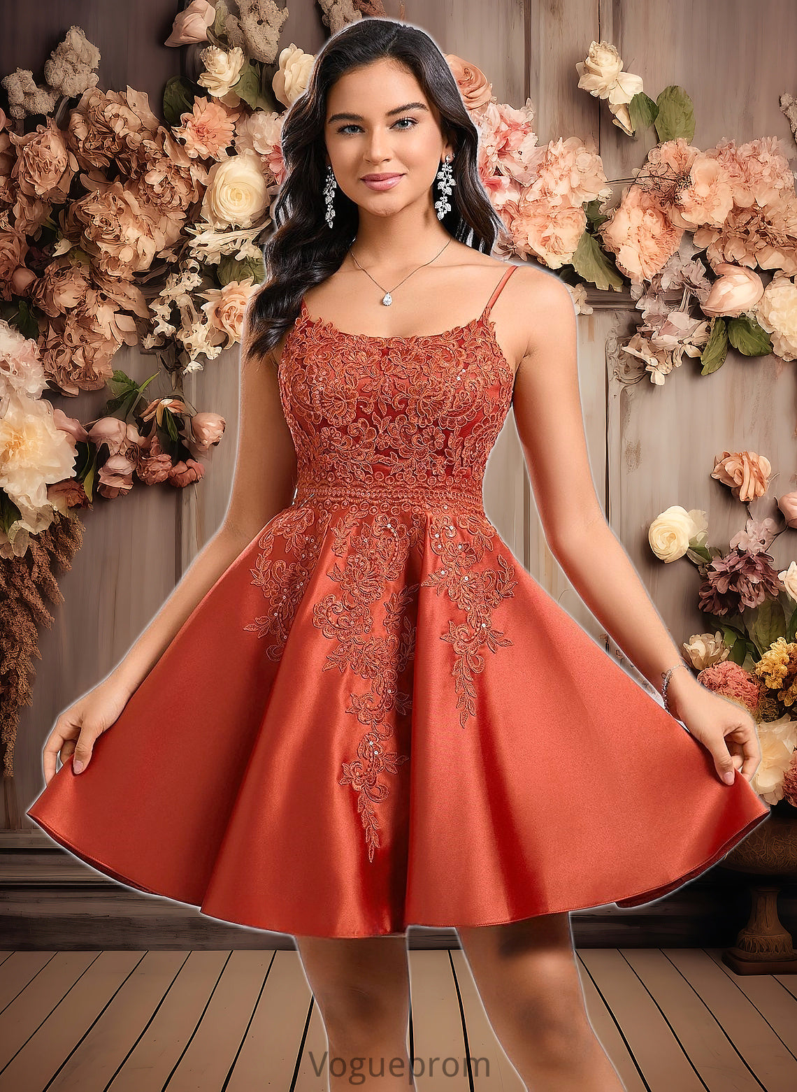 Novia A-line Scoop Short Satin Lace Homecoming Dress With Sequins DKP0025683