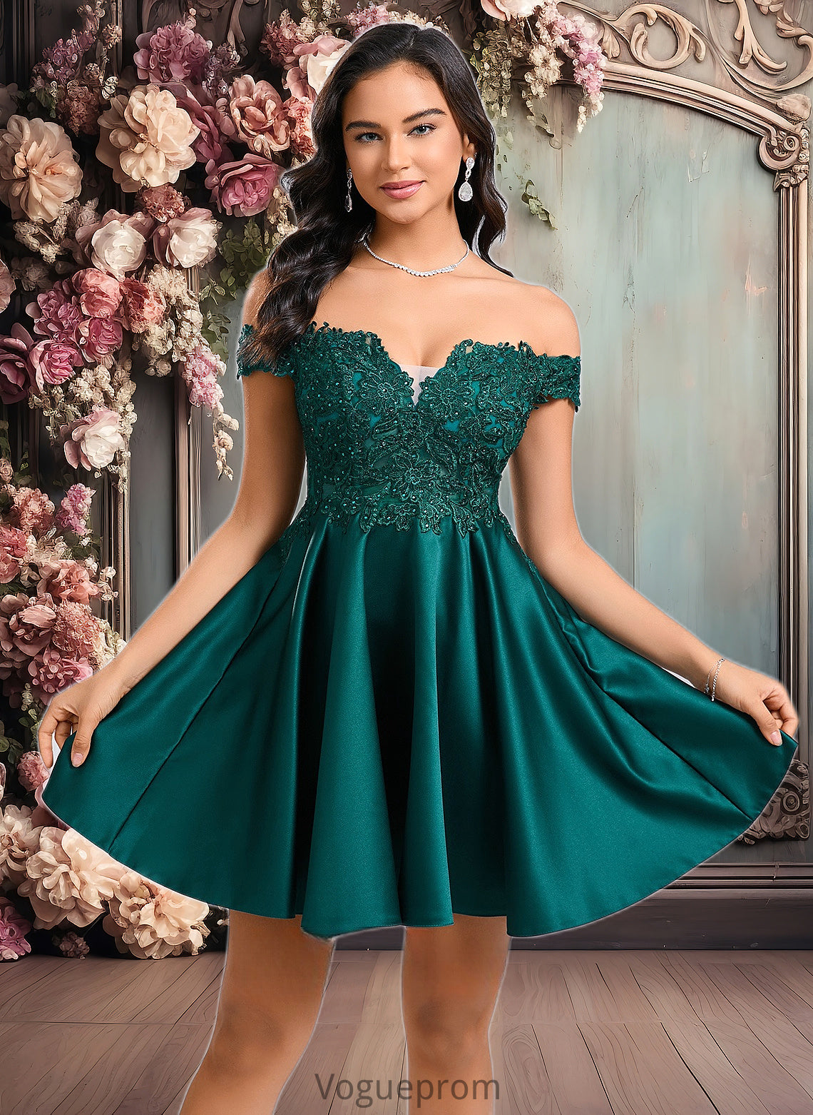 Kayden A-line Off the Shoulder Short Lace Satin Homecoming Dress With Rhinestone DKP0025718