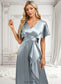 Jemima A-line V-Neck Floor-Length Stretch Satin Bridesmaid Dress With Ruffle DKP0025767