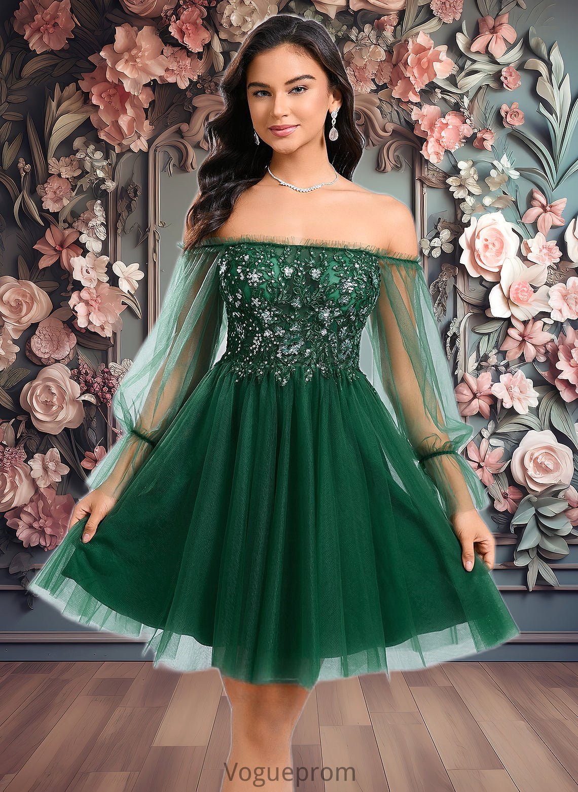 Kit A-line Off the Shoulder Short Tulle Homecoming Dress With Sequins Appliques Lace DKP0025663