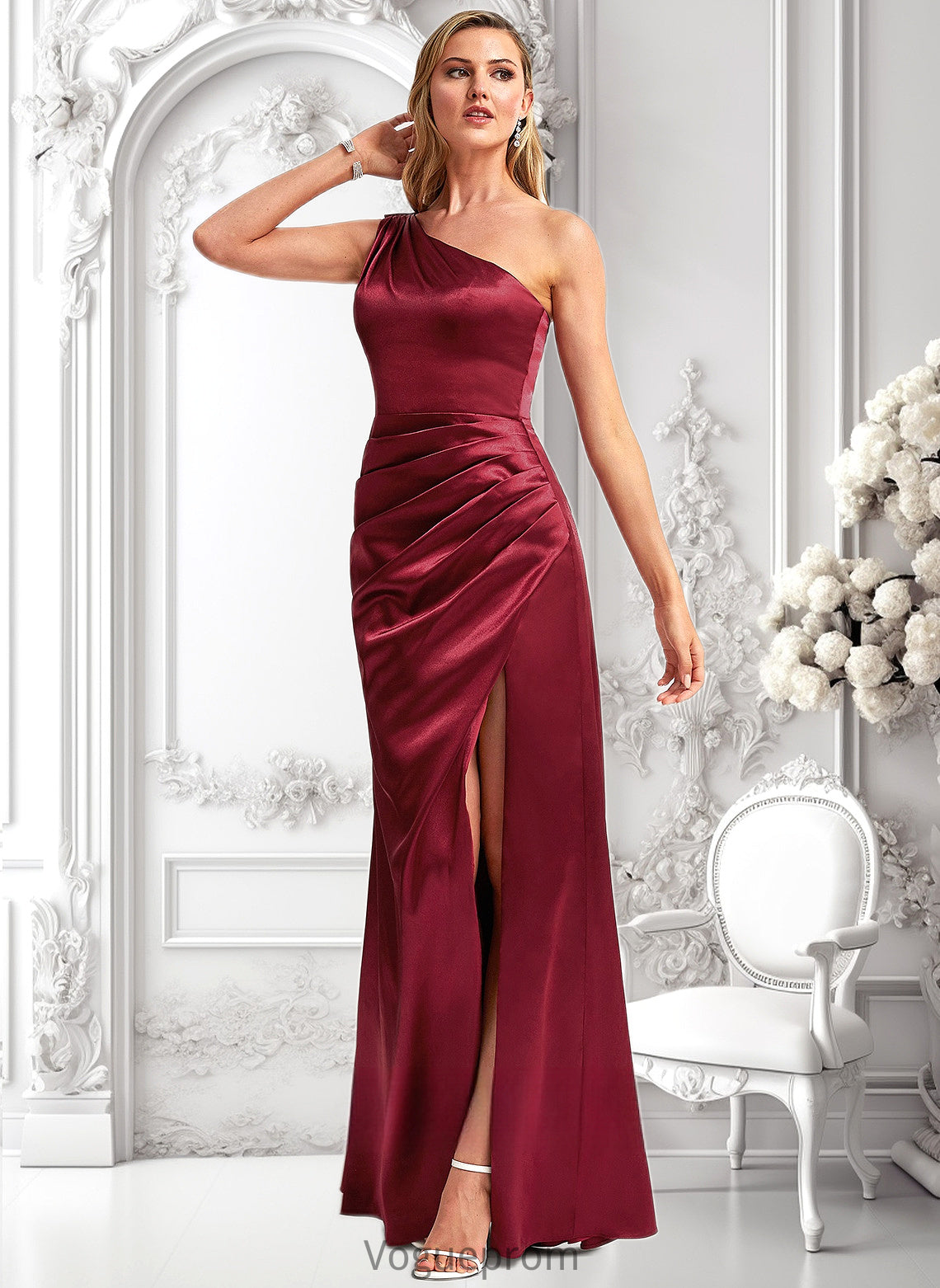 Finley A-line One Shoulder Floor-Length Stretch Satin Bridesmaid Dress With Bow DKP0025758