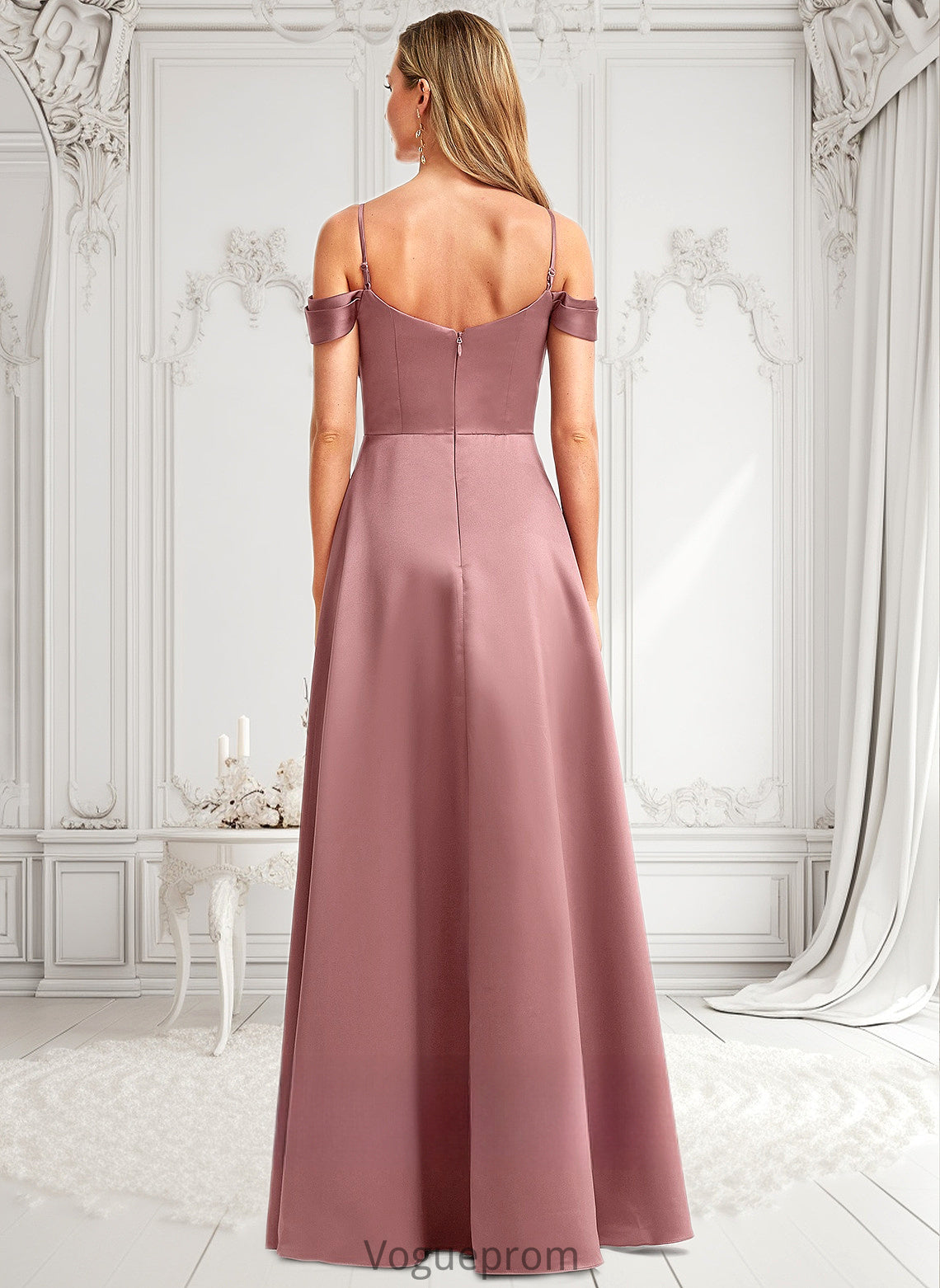 Leslie A-line Cold Shoulder Floor-Length Satin Bridesmaid Dress DKP0025750