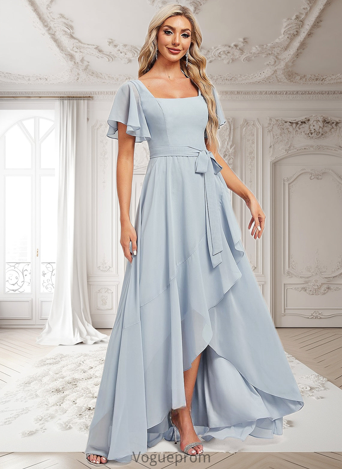 Taniyah A-line Square Asymmetrical Chiffon Bridesmaid Dress DKP0025796