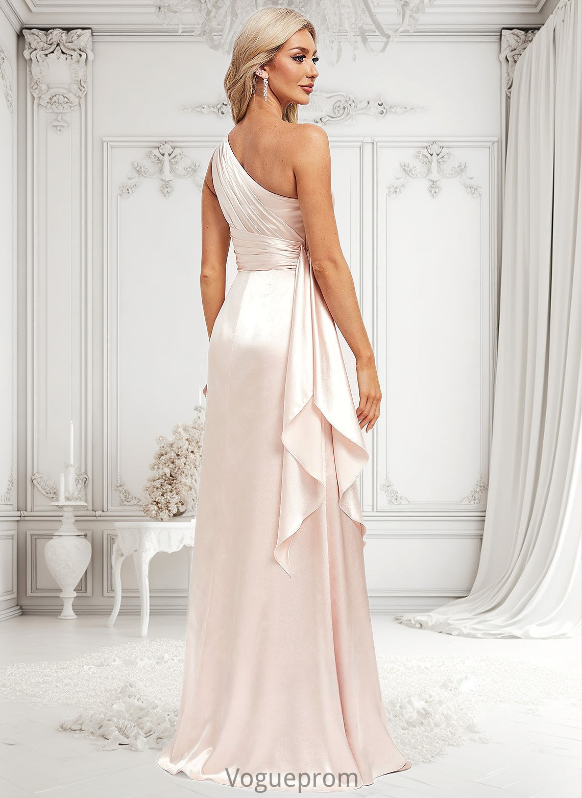 Amirah A-line One Shoulder Floor-Length Stretch Satin Bridesmaid Dress With Ruffle DKP0025818