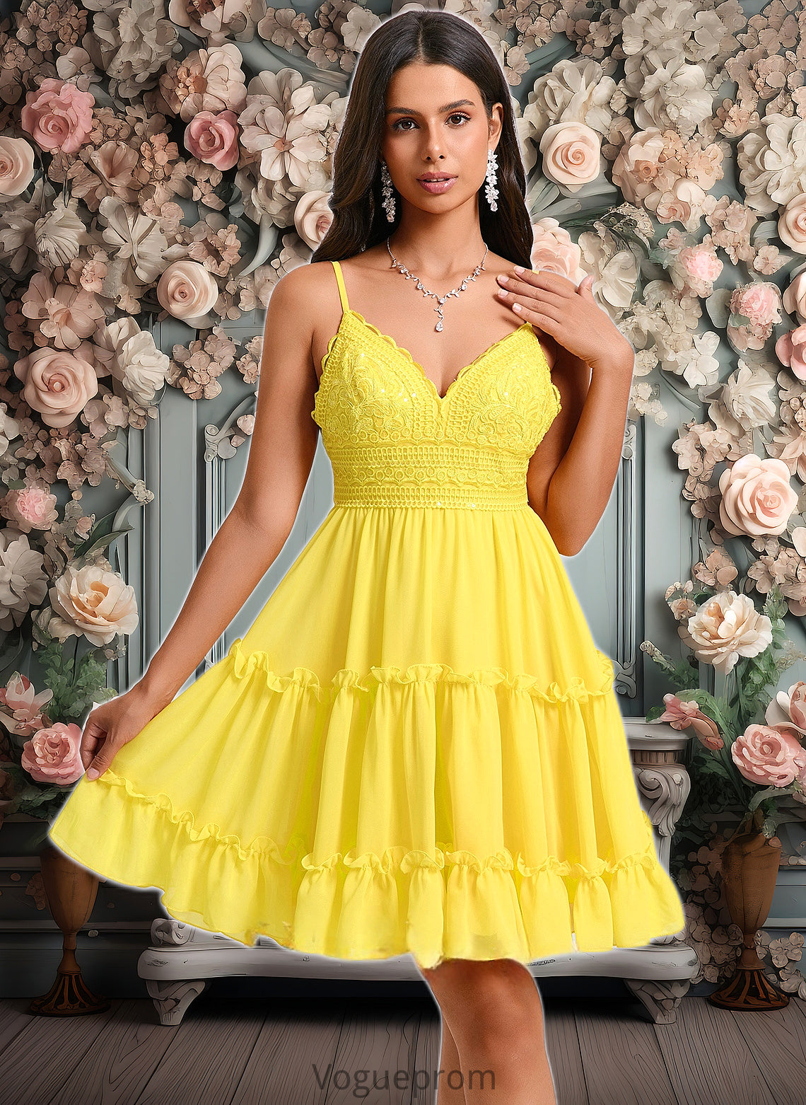 Jimena A-line V-Neck Short Chiffon Homecoming Dress With Ruffle Sequins DKP0025700