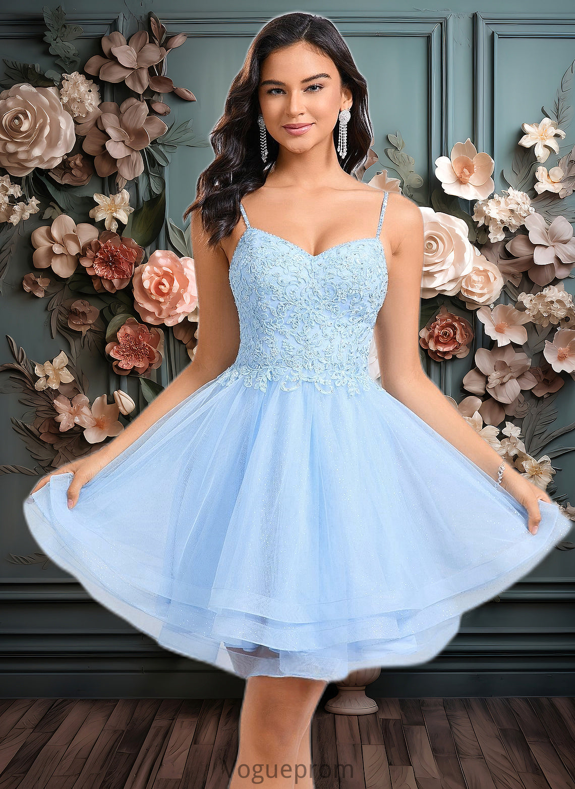 Tiffany A-line V-Neck Short Lace Tulle Homecoming Dress With Rhinestone Sequins DKP0025658