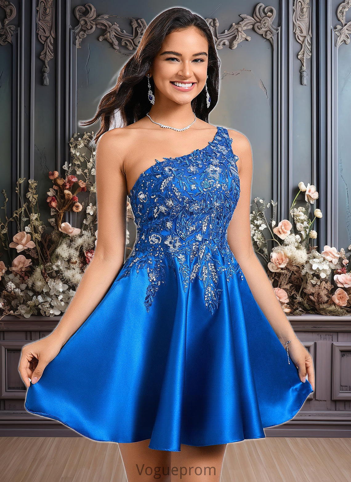 Addisyn A-line One Shoulder Short Satin Homecoming Dress With Appliques Lace Sequins DKP0025657