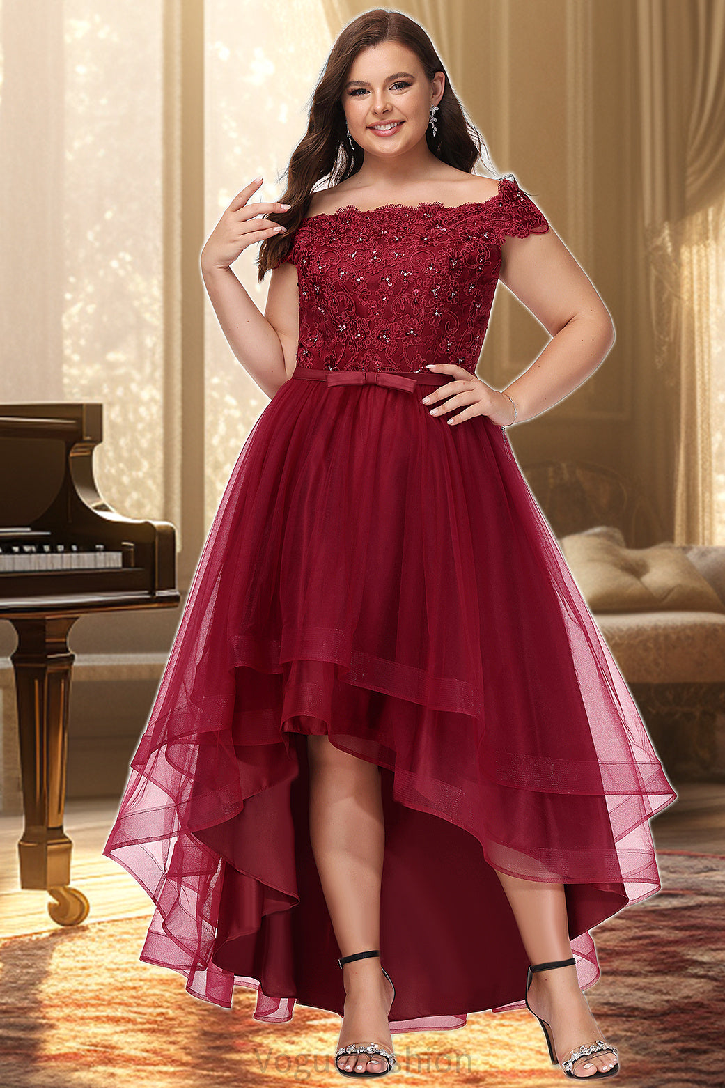 Cassidy A-line Off the Shoulder Asymmetrical Lace Tulle Homecoming Dress With Beading Bow Sequins DKP0020535