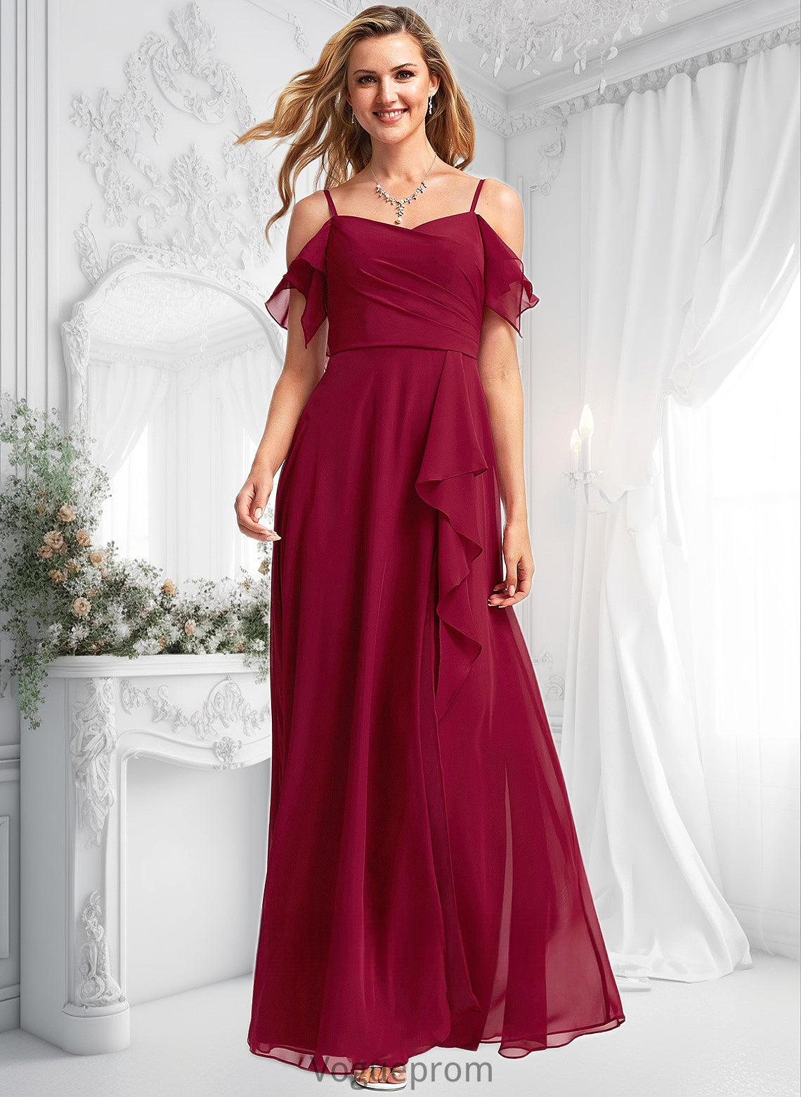 Trudie A-line Cold Shoulder Floor-Length Chiffon Bridesmaid Dress With Ruffle DKP0025755