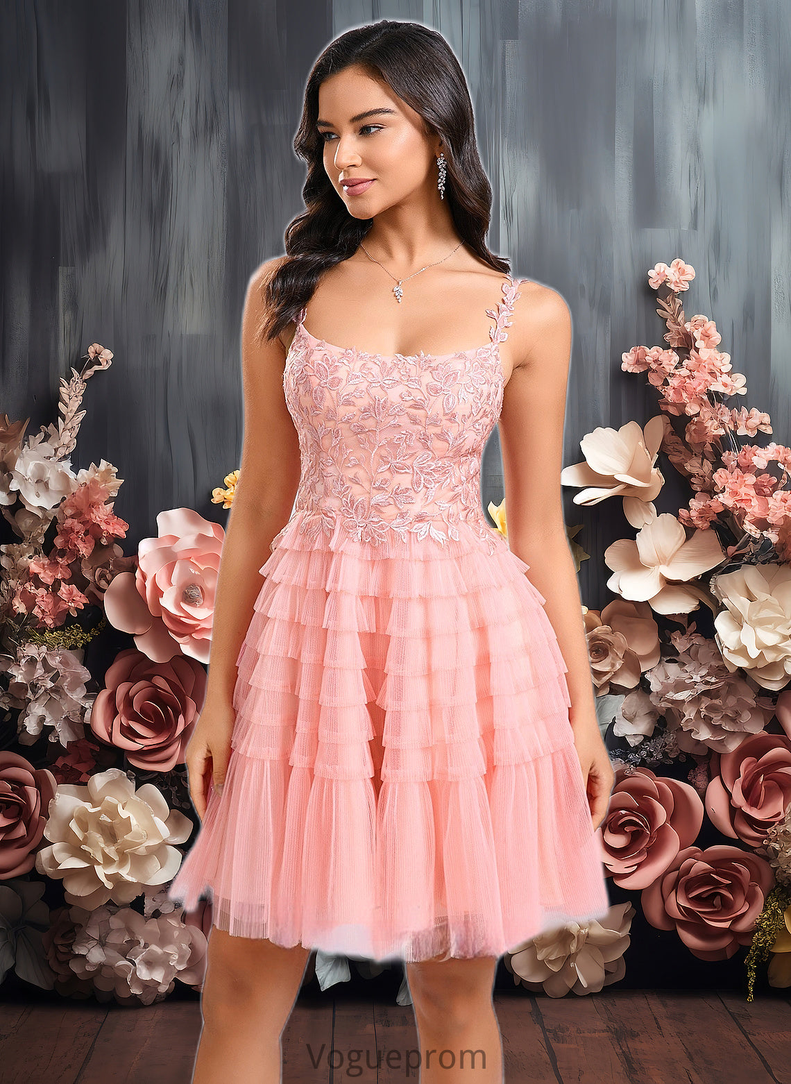 Mary Ball-Gown/Princess Scoop Short Tulle Lace Homecoming Dress With Ruffle DKP0025676