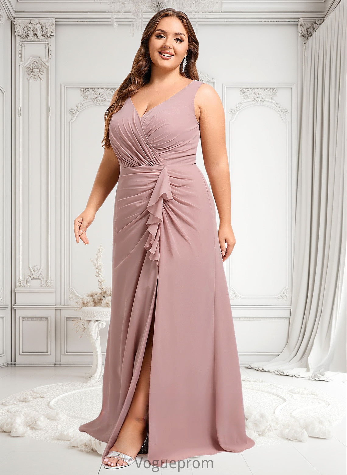 Desirae A-line V-Neck Floor-Length Chiffon Bridesmaid Dress DKP0025820