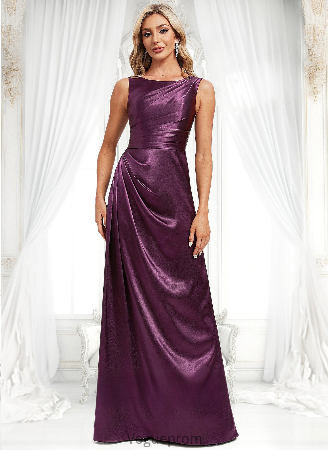 Jolie A-line Scoop Floor-Length Stretch Satin Bridesmaid Dress DKP0025829