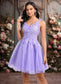 Annabelle Ball-Gown/Princess V-Neck Short Lace Tulle Homecoming Dress With Flower DKP0025656