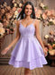 Londyn A-line V-Neck Short Satin Homecoming Dress With Appliques Lace DKP0025692