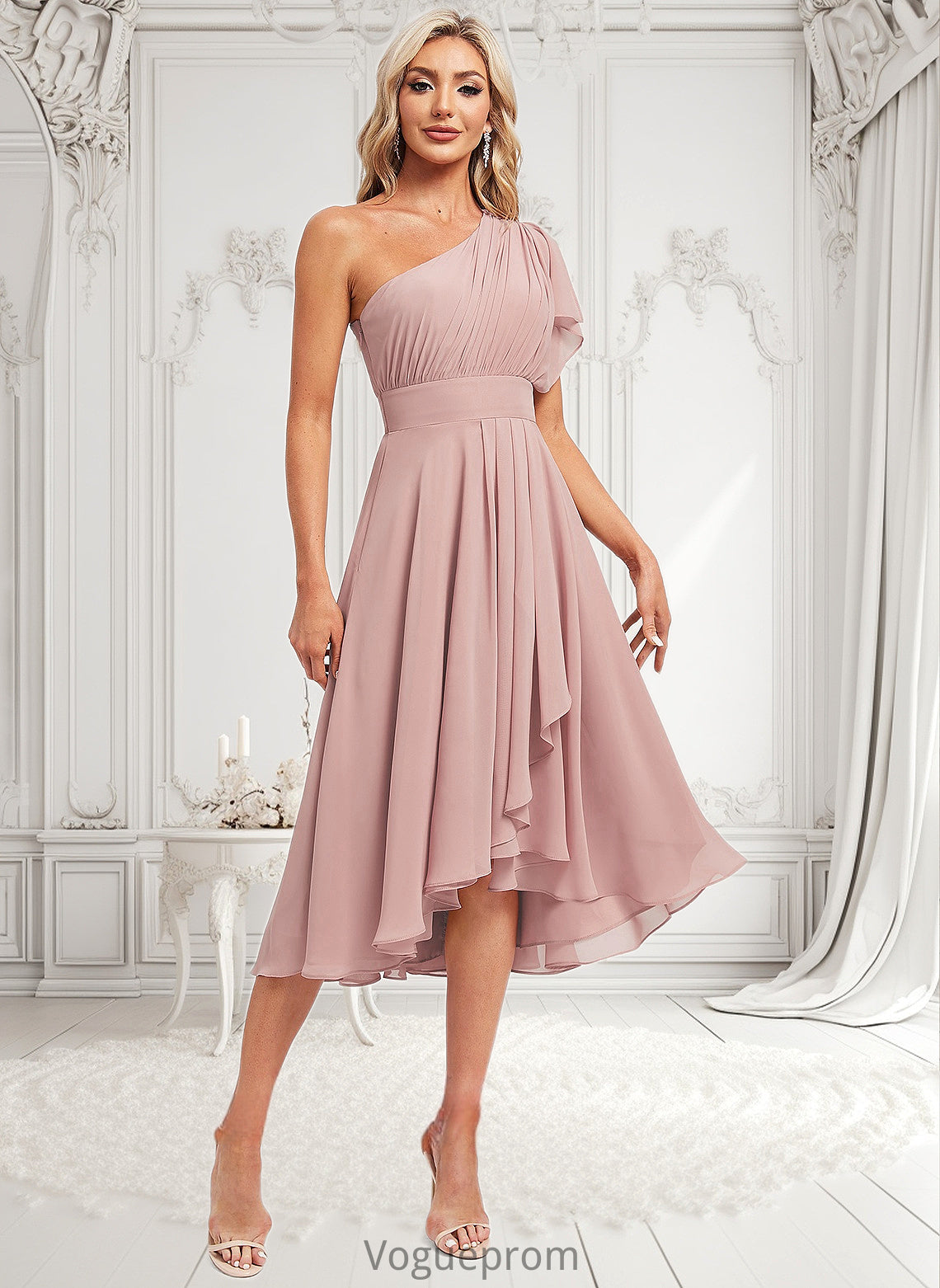 Aria A-line One Shoulder Asymmetrical Chiffon Bridesmaid Dress With Ruffle DKP0025819