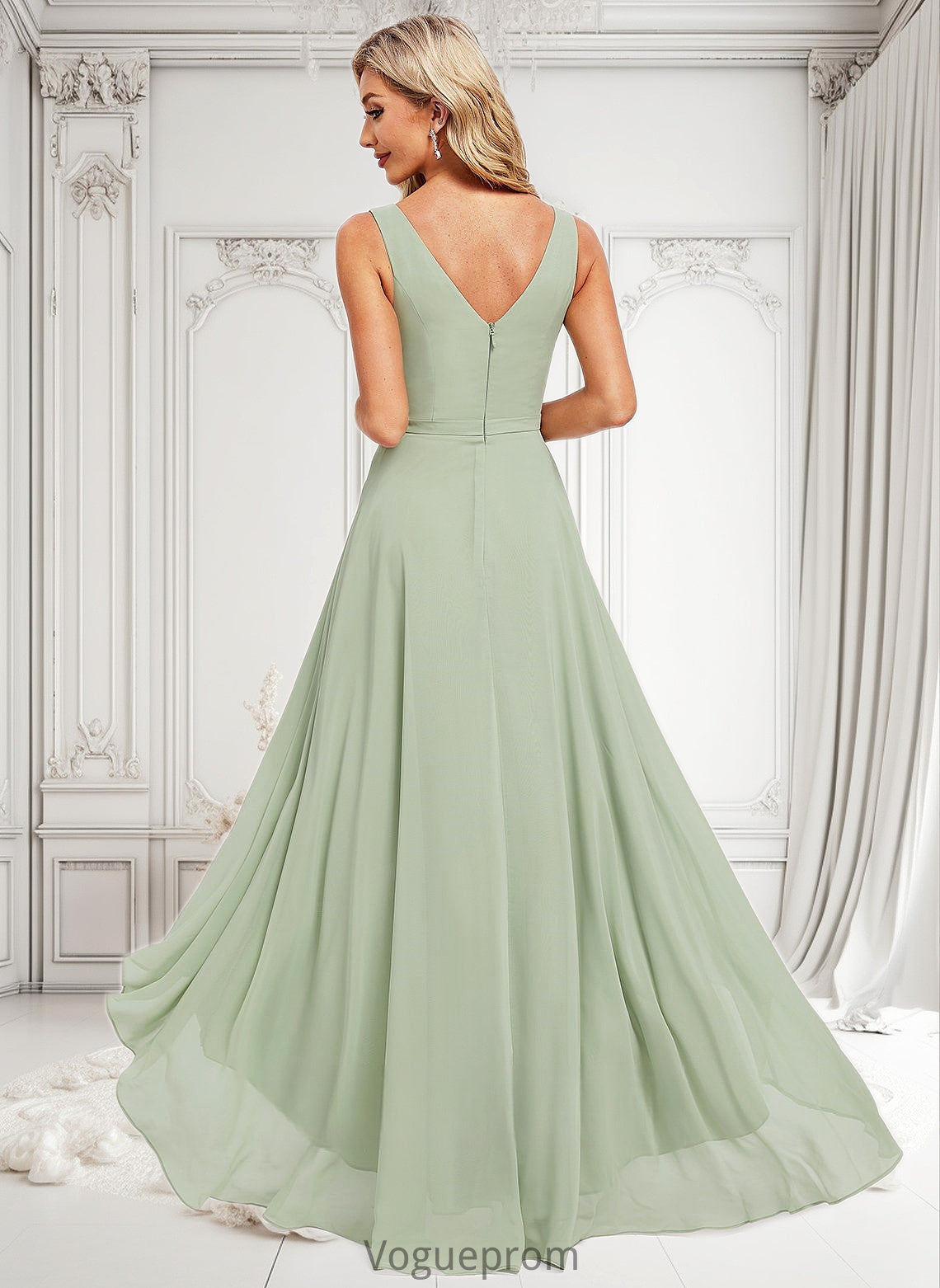 Brielle A-line V-Neck Asymmetrical Chiffon Bridesmaid Dress DKP0025809