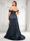 Melina Trumpet/Mermaid Off the Shoulder Sweep Train Satin Prom Dresses With Sequins Appliques Lace DKP0025835