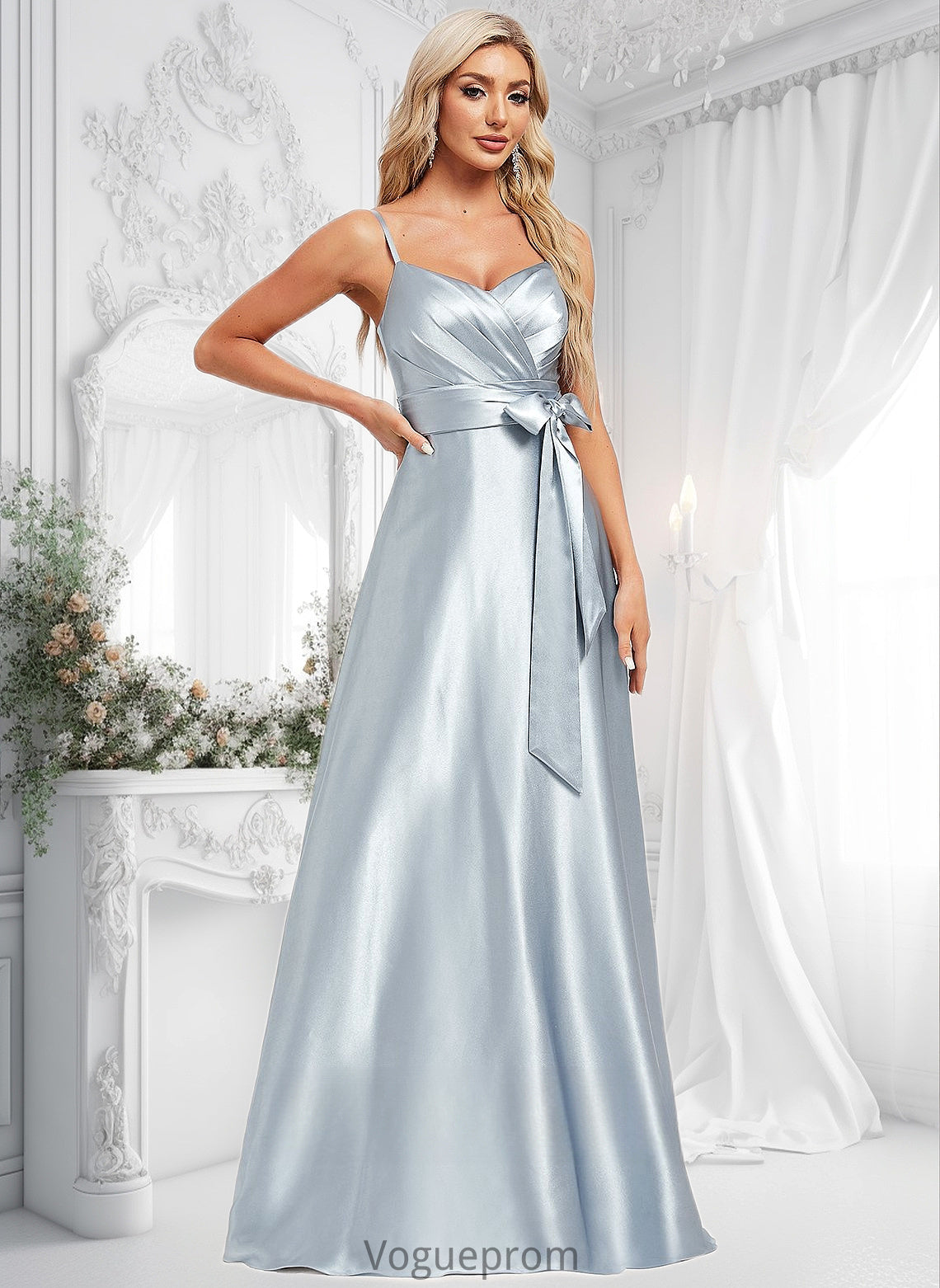 Erika A-line V-Neck Floor-Length Stretch Satin Bridesmaid Dress DKP0025795