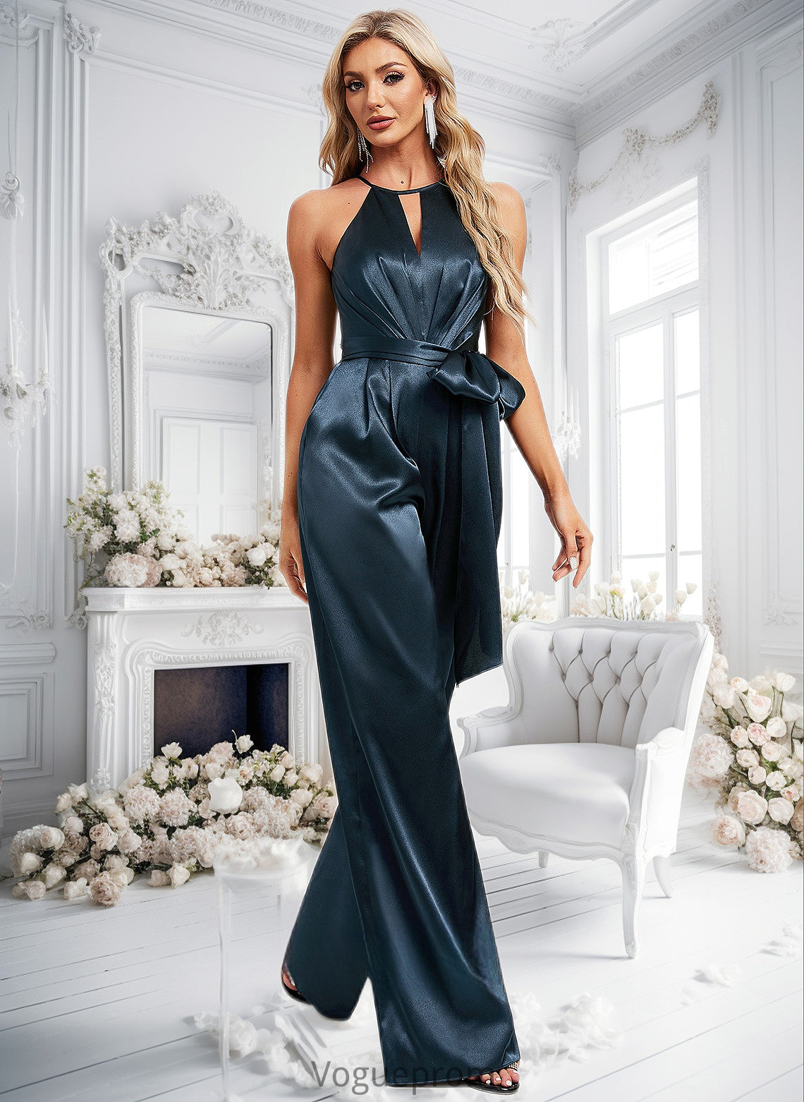 Jaylin Jumpsuit/Pantsuit Halter Floor-Length Stretch Satin Bridesmaid Dress DKP0025805