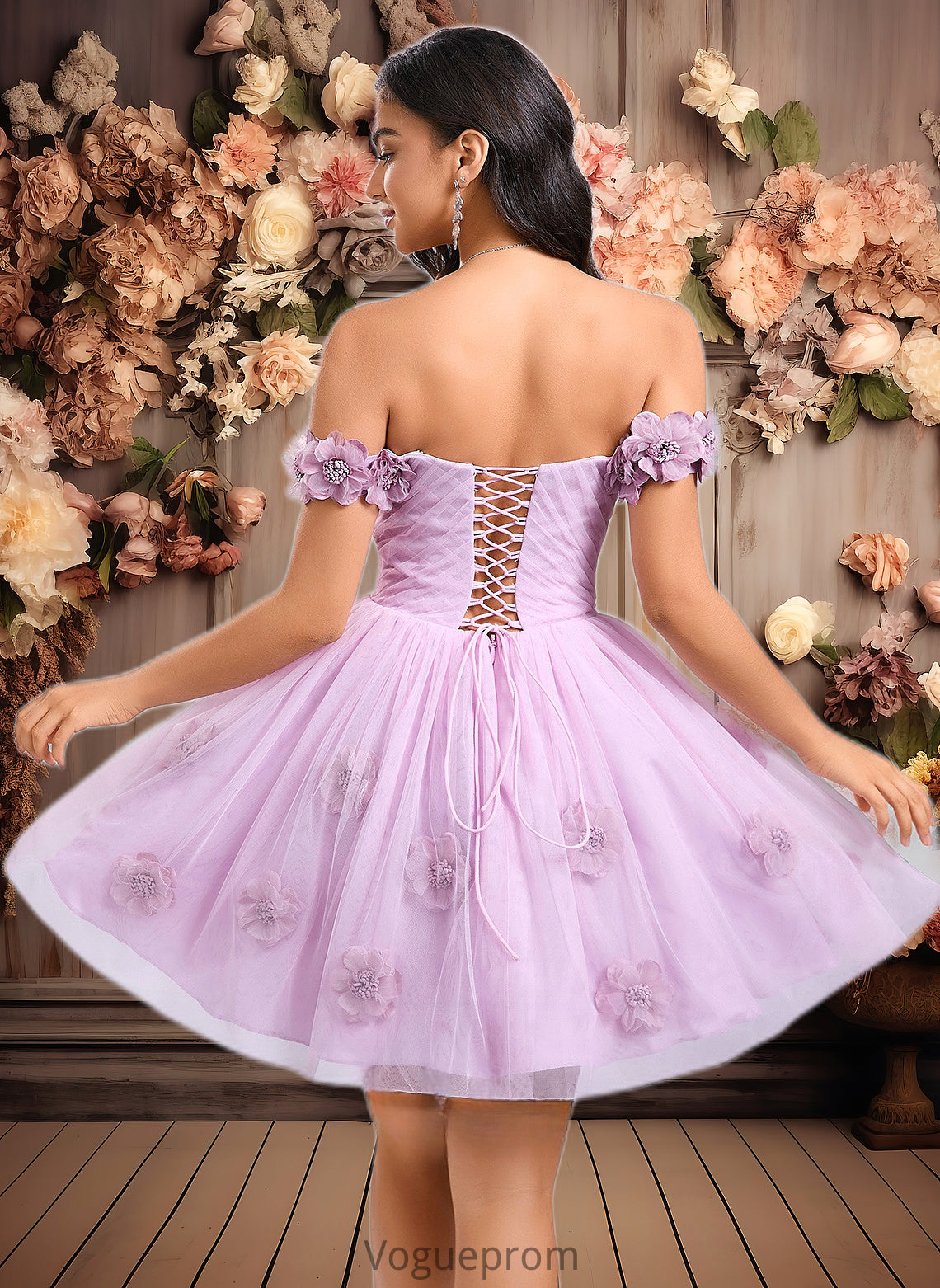 Penelope Ball-Gown/Princess Off the Shoulder Short Tulle Homecoming Dress With Pleated Flower DKP0025668