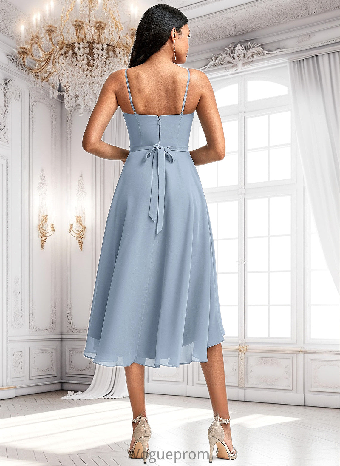 Felicity A-line Cowl Asymmetrical Chiffon Bridesmaid Dress With Ruffle DKP0025727