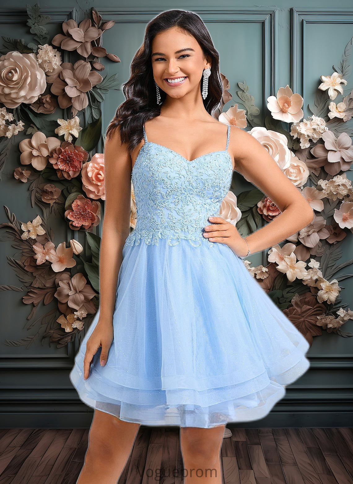 Tiffany A-line V-Neck Short Lace Tulle Homecoming Dress With Rhinestone Sequins DKP0025658