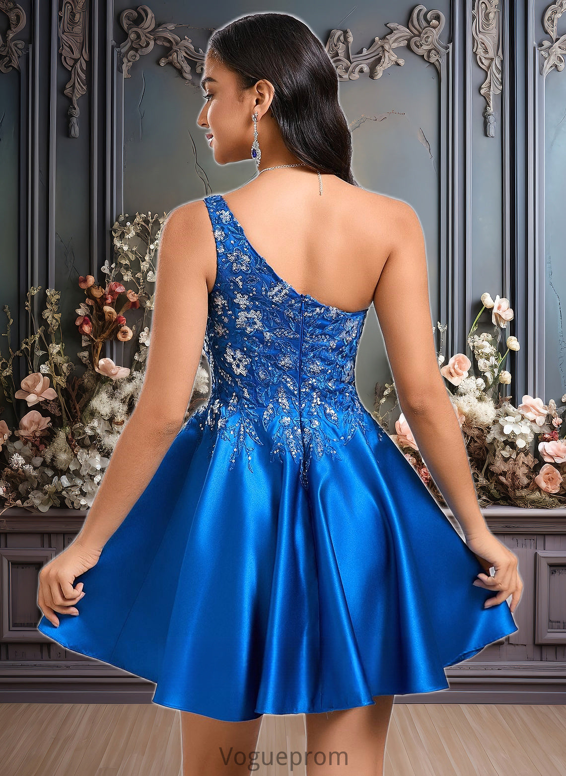 Addisyn A-line One Shoulder Short Satin Homecoming Dress With Appliques Lace Sequins DKP0025657