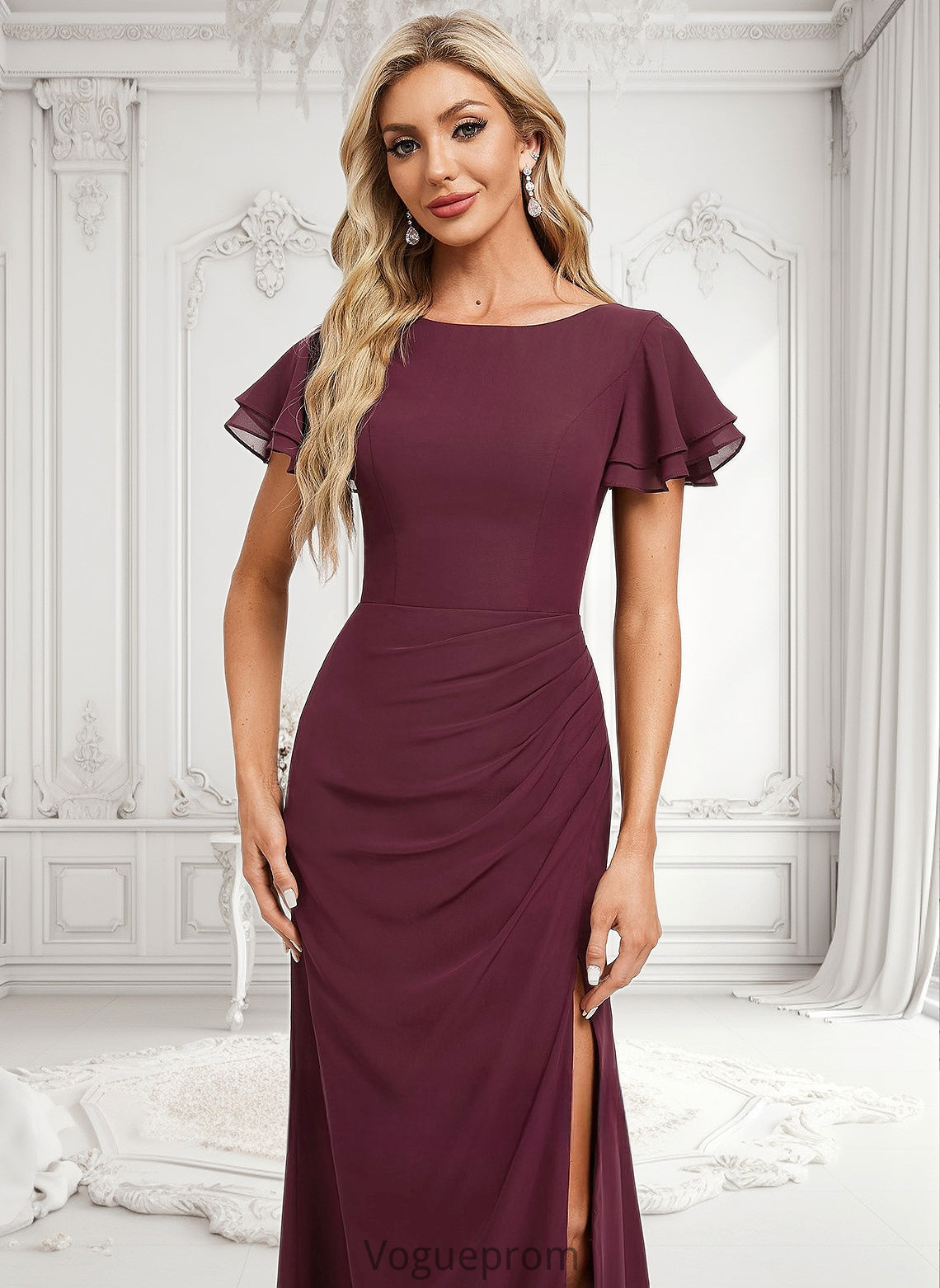 Rhianna A-line Boat Neck Floor-Length Chiffon Bridesmaid Dress With Ruffle DKP0025827