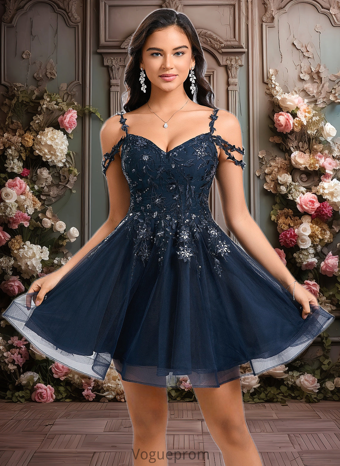 Lillianna A-line V-Neck Short Tulle Lace Homecoming Dress With Sequins DKP0025642