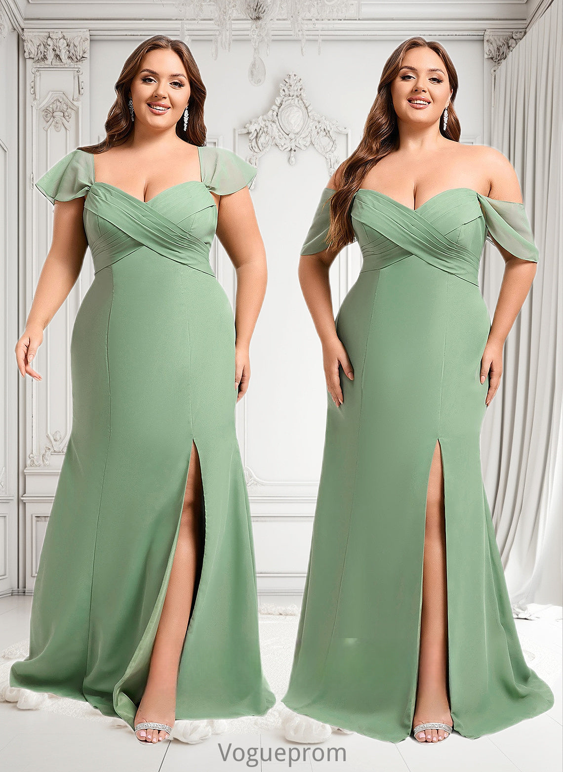 Dayami Trumpet/Mermaid Off the Shoulder V-Neck Floor-Length Chiffon Bridesmaid Dress DKP0025810