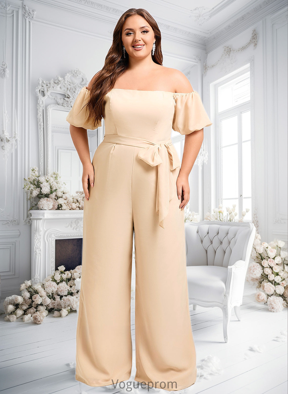 Haylee Jumpsuit/Pantsuit Off the Shoulder Square Floor-Length Chiffon Bridesmaid Dress DKP0025791