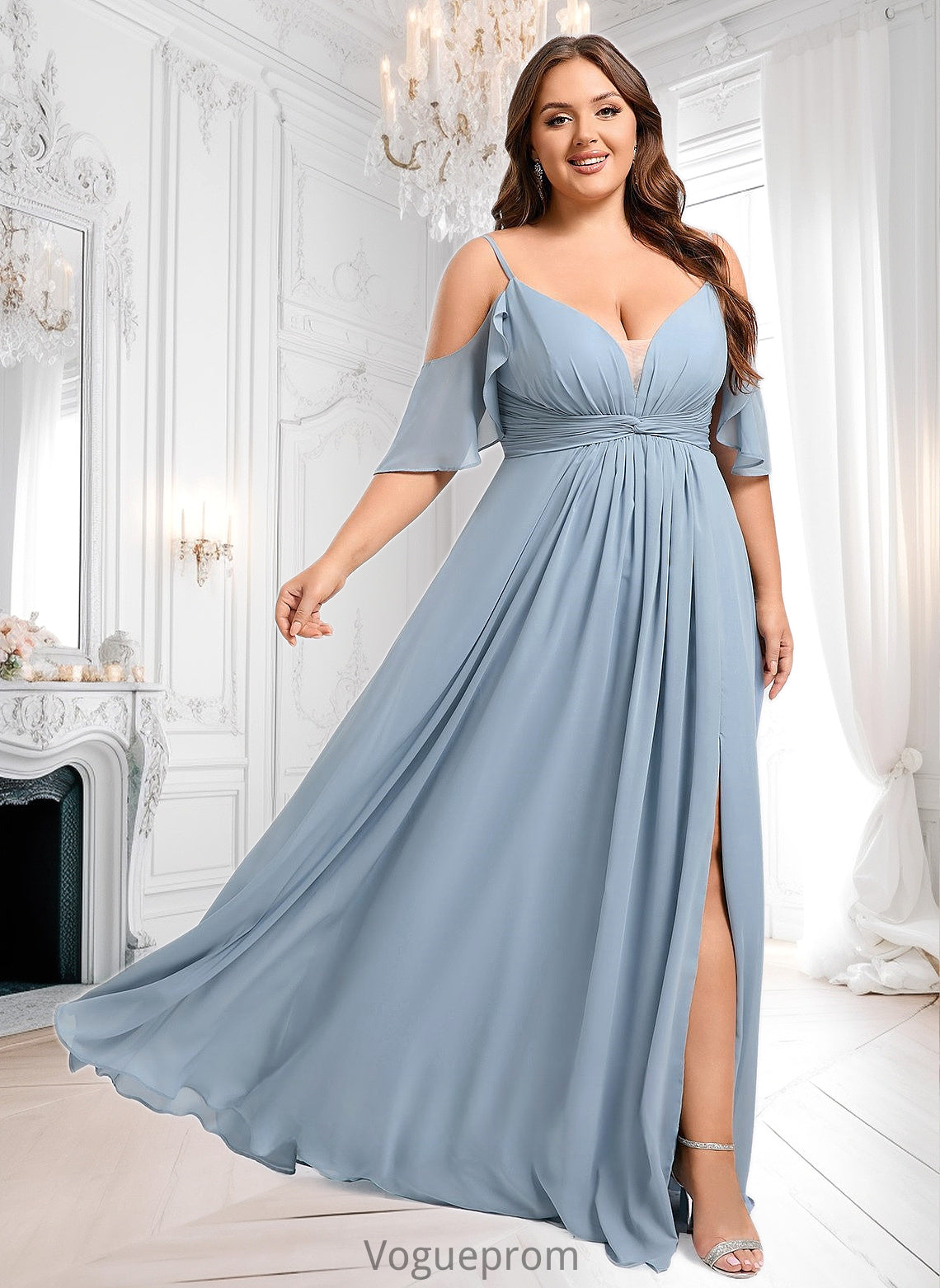 Yvonne A-line Cold Shoulder Floor-Length Chiffon Bridesmaid Dress With Ruffle DKP0025797