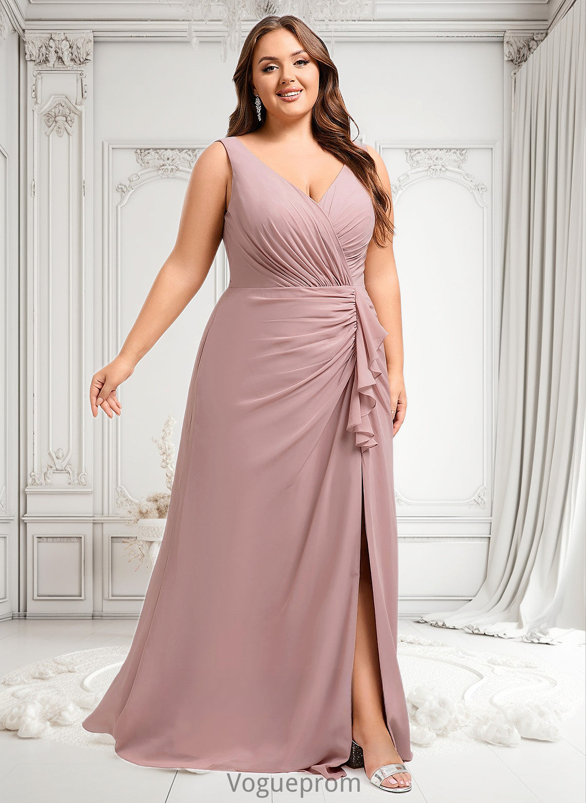 Desirae A-line V-Neck Floor-Length Chiffon Bridesmaid Dress DKP0025820