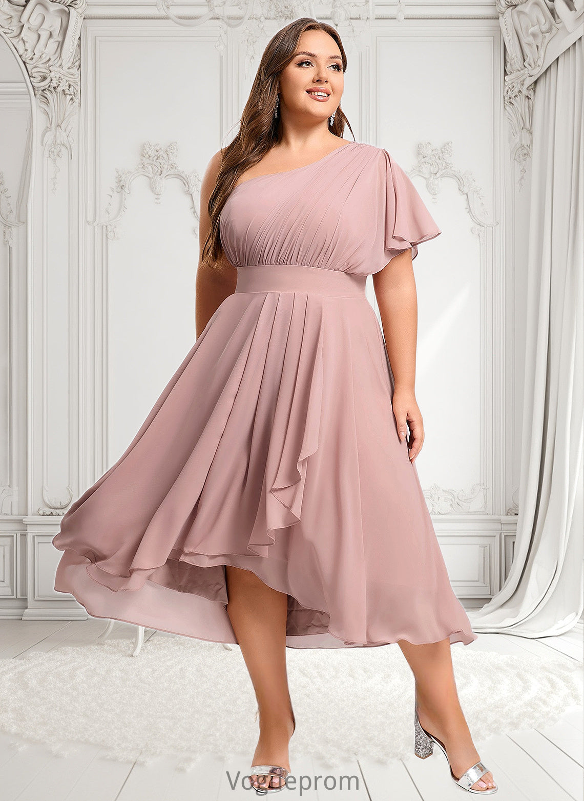 Aria A-line One Shoulder Asymmetrical Chiffon Bridesmaid Dress With Ruffle DKP0025819